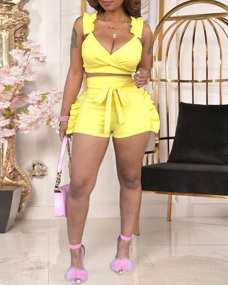 Ruffle hem sleeveless top high waisted shorts set