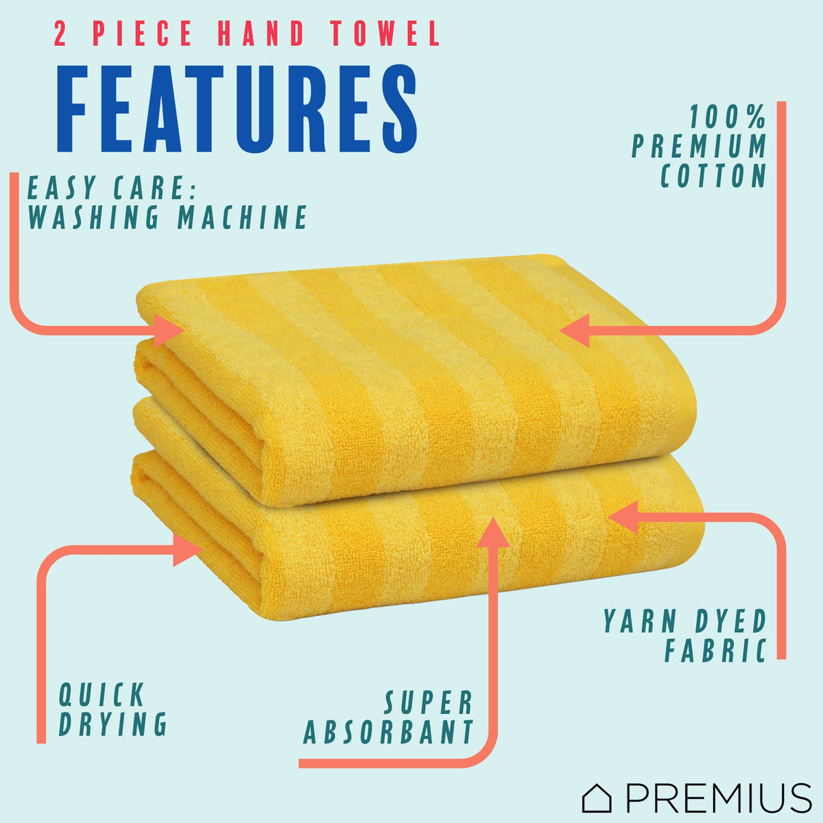 PREMIUS 2 Pack Stripes 100% Cotton Yarn Dyed Hand Towel, 16x28 Inches