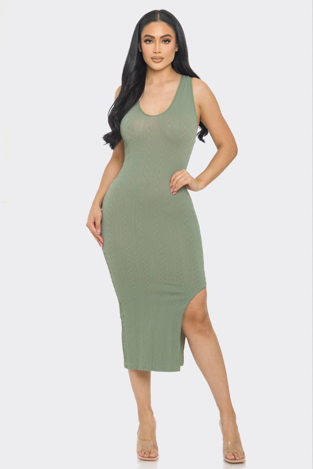 Solid  ribbed chain print  Side Split Dress