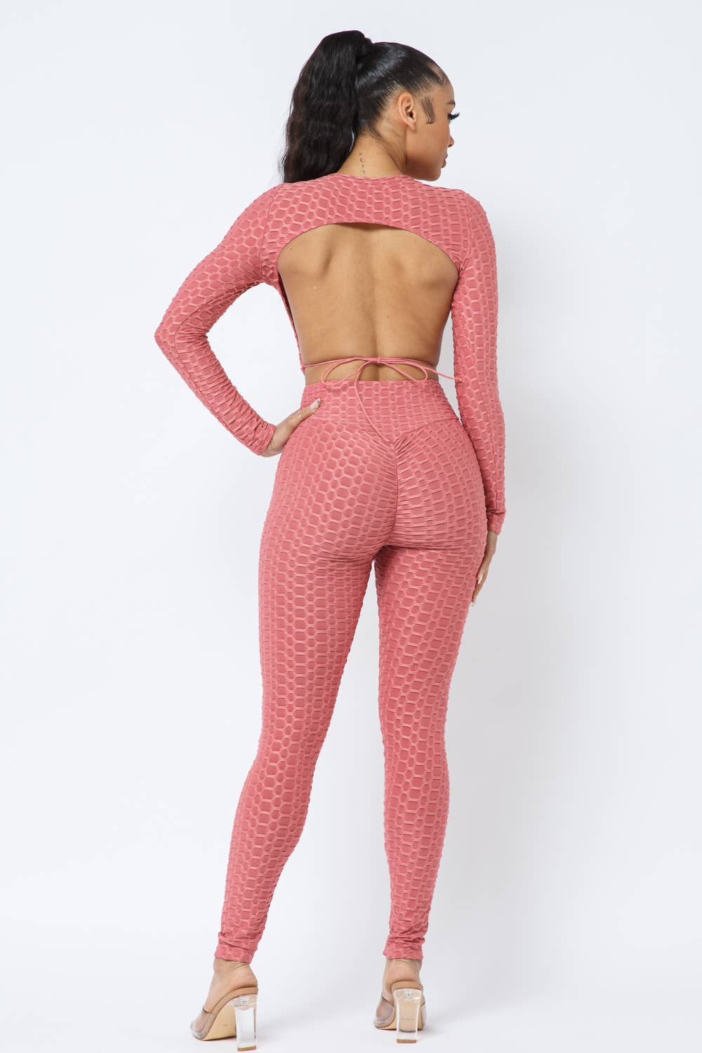 Honeycomb Open Back Tie Top and Leggings Set