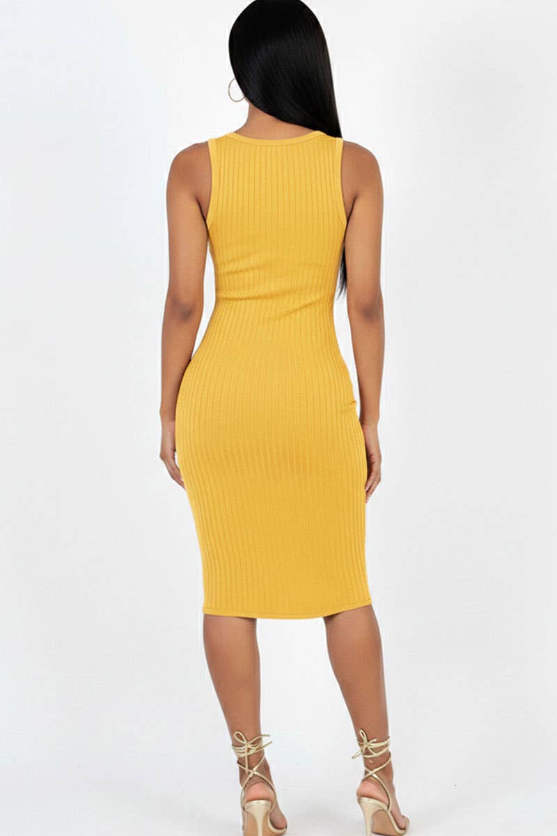 Casual Ribbed Split Neck Bodycon Dress