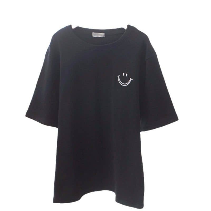Women's Loose Smiley Embroidered Short Sleeve T-Shirt