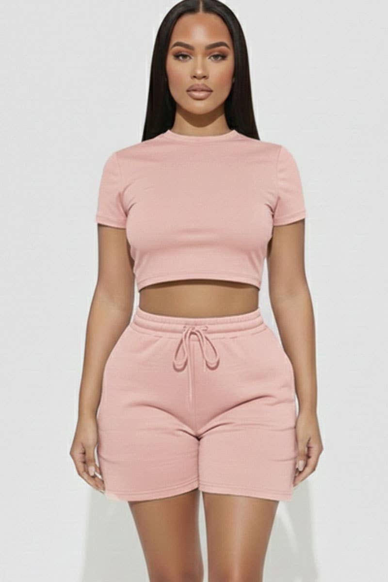 Fitted Crop Tee & Adjustable Drawstring Shorts Set