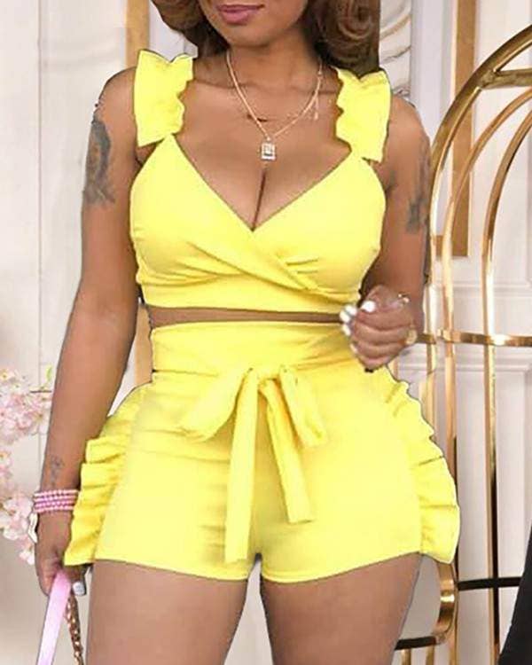 Ruffle hem sleeveless top high waisted shorts set