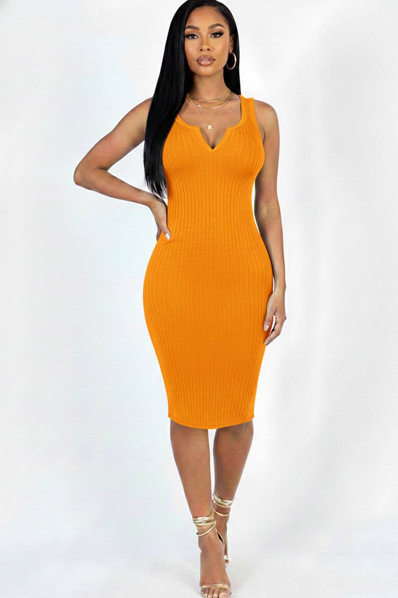 Casual Ribbed Split Neck Bodycon Dress