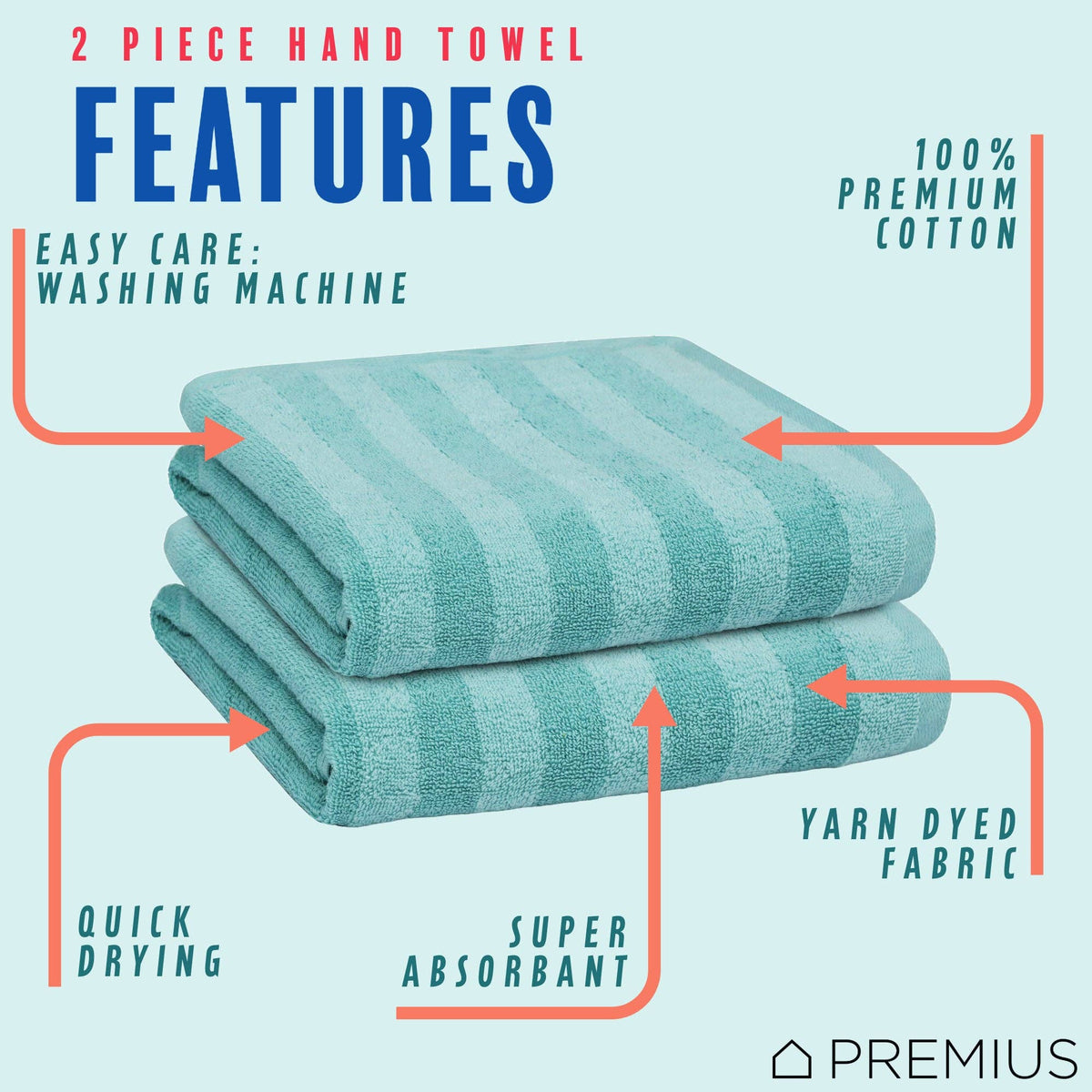 PREMIUS 2 Pack Stripes 100% Cotton Yarn Dyed Hand Towel, 16x28 Inches