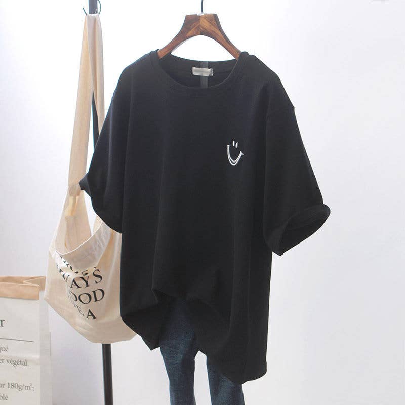 Women's Loose Smiley Embroidered Short Sleeve T-Shirt