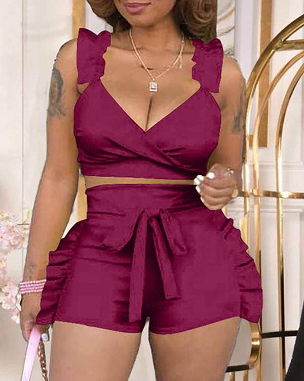 Ruffle hem sleeveless top high waisted shorts set
