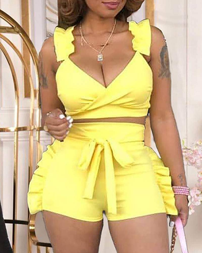 Ruffle hem sleeveless top high waisted shorts set