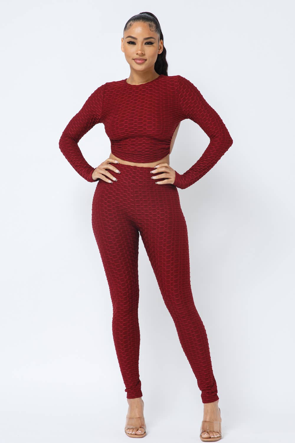 Honeycomb Open Back Tie Top and Leggings Set