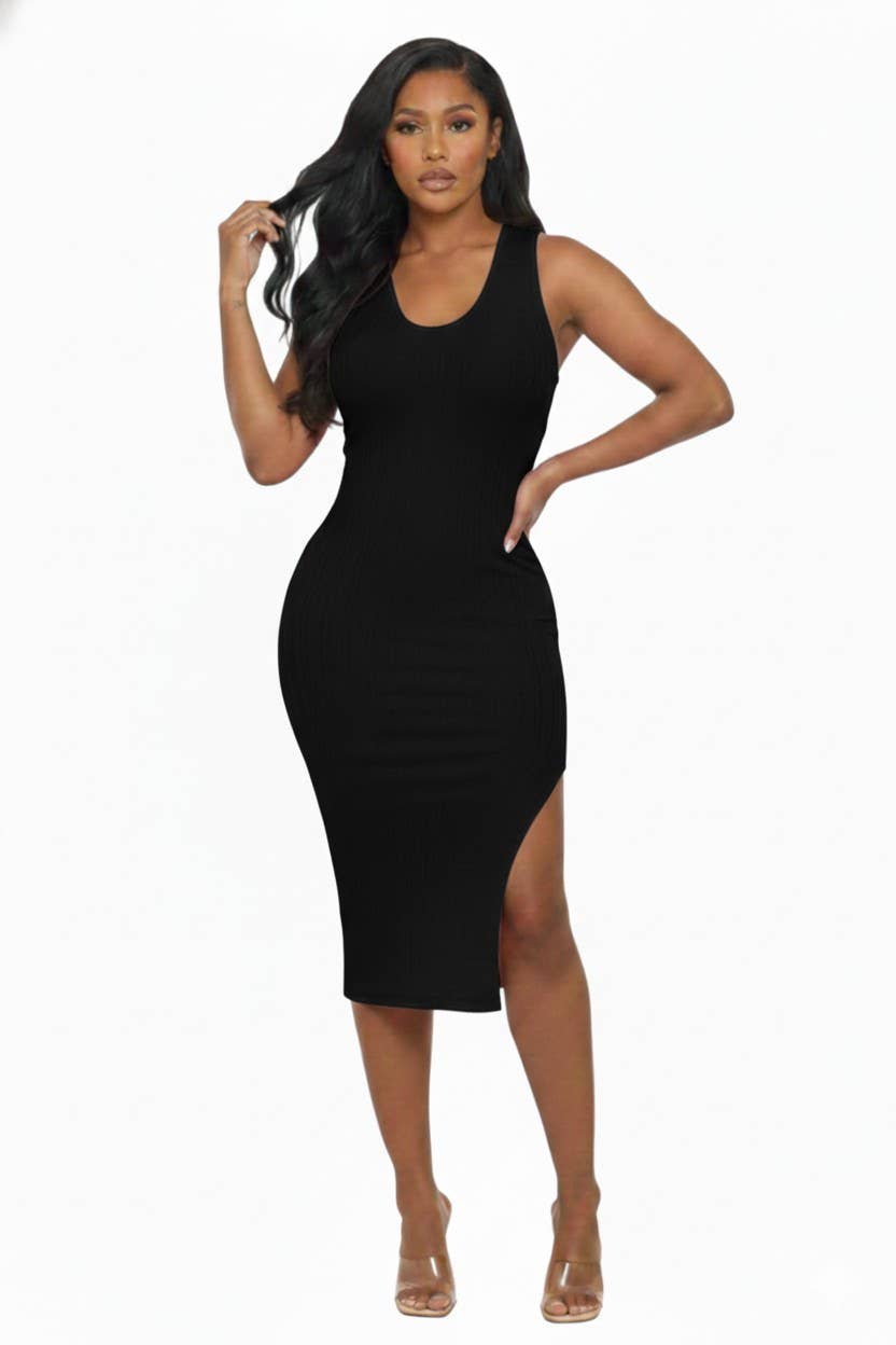 Solid  ribbed chain print  Side Split Dress